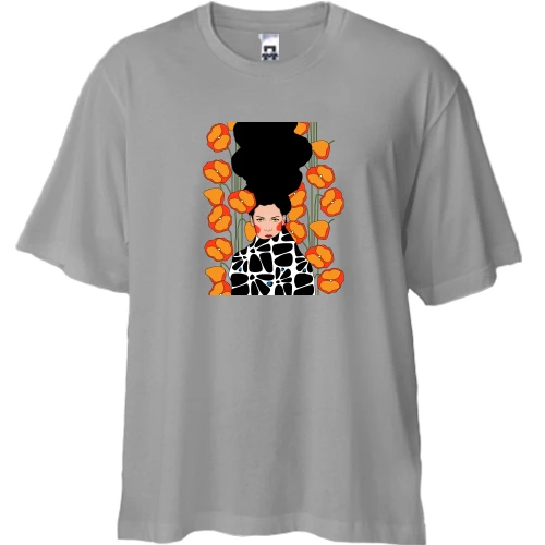 Футболка двунитка Oversize, Серый, Brunette with poppies