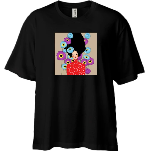 Футболка двонитка Oversize, Чорний, Brunette with poppies 1