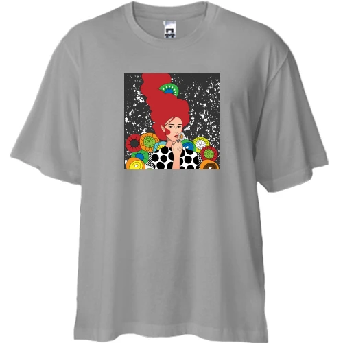 Футболка двунитка Oversize, Серый, Redhead girl with flowers