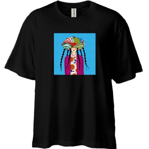 Футболка двунитка Oversize, Черный, Brunette with pigtails