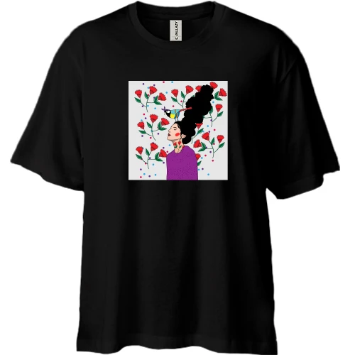 Футболка двонитка Oversize, Чорний, Brunette with bird