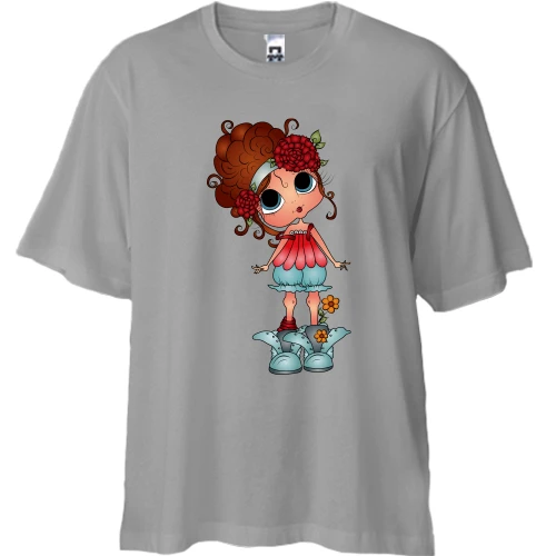 Футболка двонитка Oversize, Сірий, Girl with red flowers
