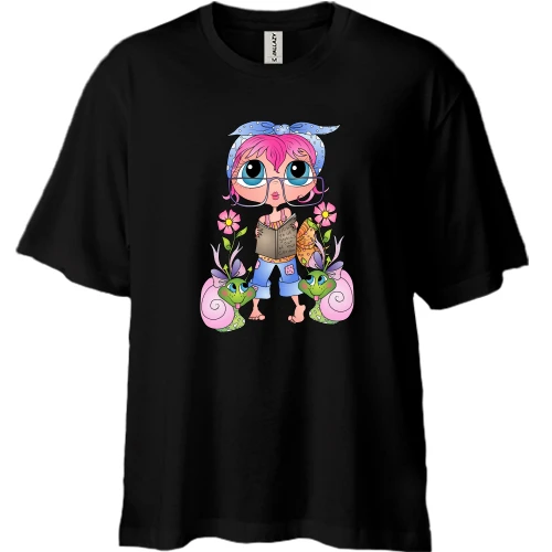 Футболка двонитка Oversize, Чорний, Girl with pink hair