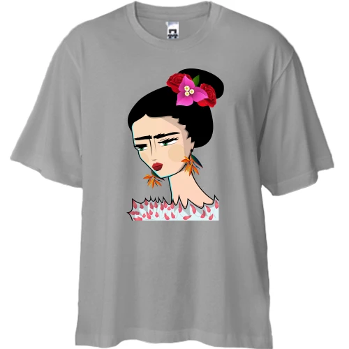 Футболка двунитка Oversize, Серый, Woman with pink flower