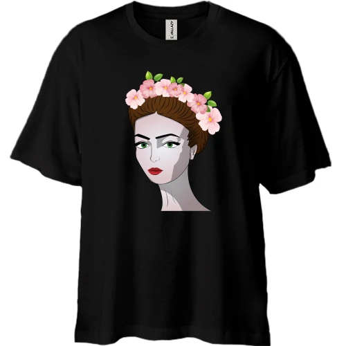 Футболка двунитка Oversize, Черный, Girl with pink flowers 1