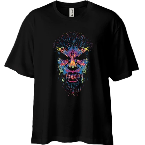 Футболка двунитка Oversize, Черный, Portrait with neon lines