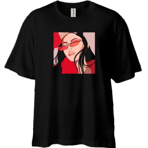 Футболка двонитка Oversize, Чорний, Girl with red glasses art