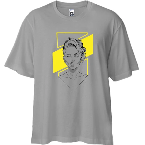 Футболка двунитка Oversize, Серый, Girl portrait art yellow