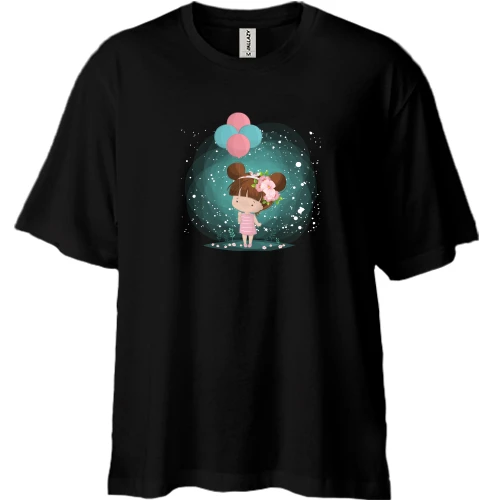 Футболка двунитка Oversize, Черный, Baby girl with balloons