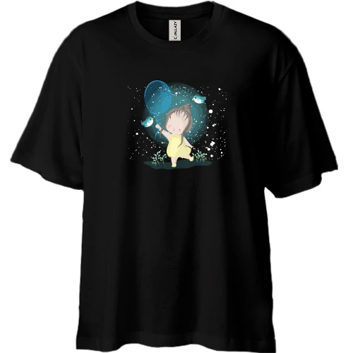Футболка двунитка Oversize, Черный, Baby girl with a balloon