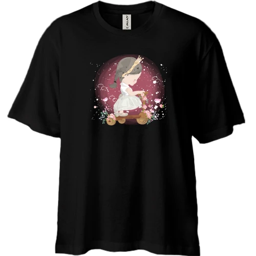 Футболка двунитка Oversize, Черный, Little girl on a scooter