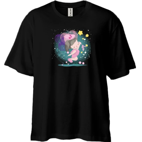 Футболка двонитка Oversize, Чорний, Baby girl in a cap