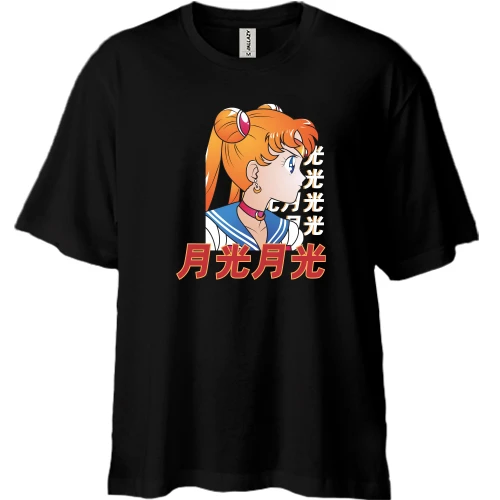 Футболка двунитка Oversize, Черный, Anime girl with hieroglyphs