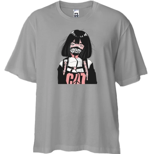 Футболка двонитка Oversize, Сірий, Supreme Mask Girl