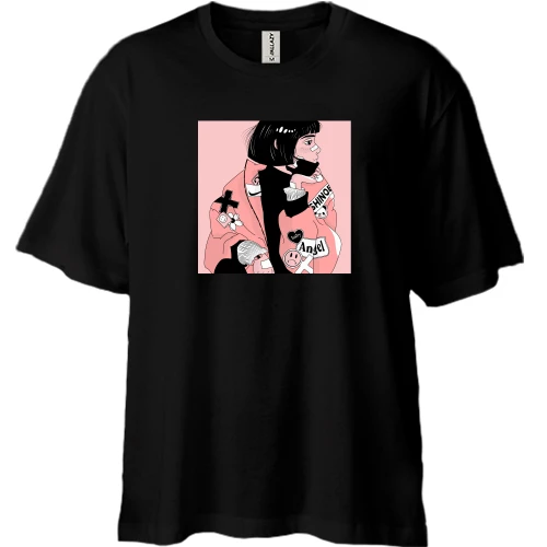 Футболка двунитка Oversize, Черный, Girl in a black mask