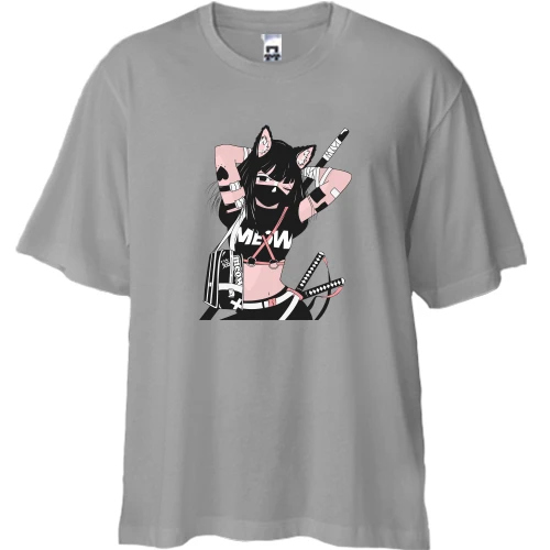 Футболка двонитка Oversize, Сірий, Cat girl in black mask