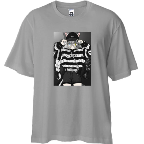 Футболка двонитка Oversize, Сірий, Girl in striped