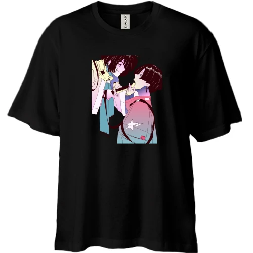 Футболка двонитка Oversize, Чорний, Girl and guy with a knife