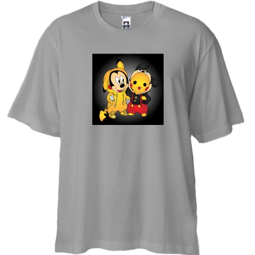 Футболка двунитка Oversize, Серый, Mickey mouse and pikachu