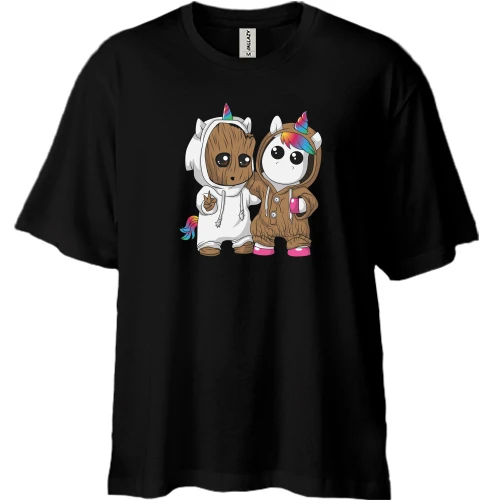Футболка двунитка Oversize, Черный, Baby groot and unicorn