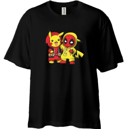 Футболка двунитка Oversize, Черный, Pikachu and Deadpool