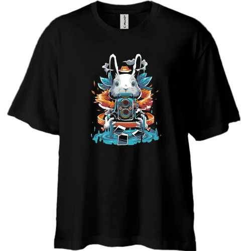Футболка двунитка Oversize, Черный, Rabbit with a camera