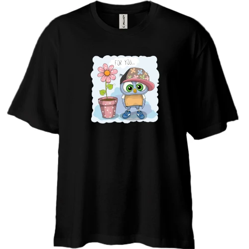 Футболка двонитка Oversize, Чорний, Baby owl with a flower