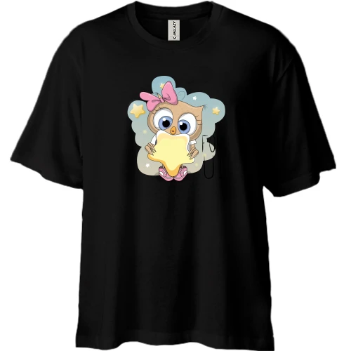 Футболка двонитка Oversize, Чорний, Baby owl with a star
