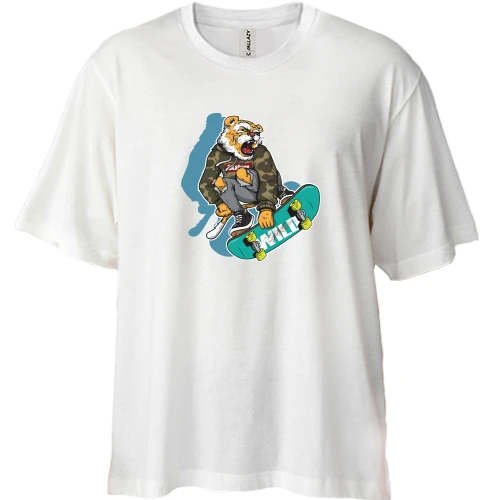 Футболка двунитка Oversize, Белый, Tiger on skateboard
