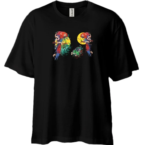 Футболка двонитка Oversize, Чорний, Parrots bright art