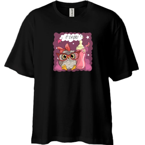 Футболка двунитка Oversize, Черный, Baby owl It's a girl