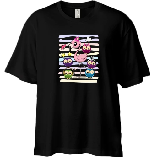 Футболка двунитка Oversize, Черный, Baby flamingo with owls