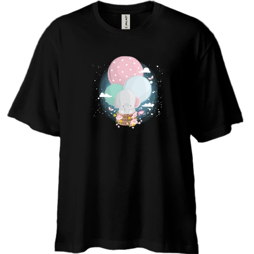 Футболка двунитка Oversize, Черный, Baby elephant in a hot air balloon