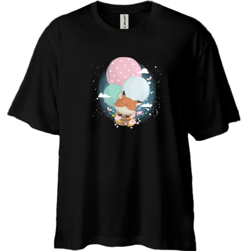 Футболка двунитка Oversize, Черный, Baby fox in a hot air balloon