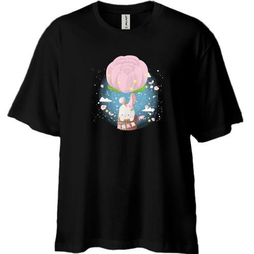 Футболка двунитка Oversize, Черный, Baby rabbit in a hot air balloon