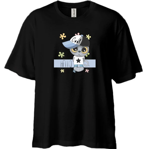 Футболка двунитка Oversize, Черный, Baby cat hello