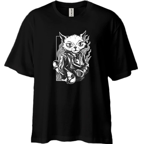Футболка двунитка Oversize, Черный, Cat with skate black and white