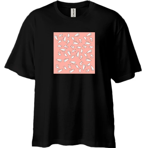Футболка двунитка Oversize, Черный, White cats on a pink background