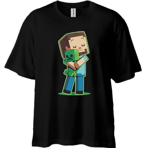 Футболка двунитка Oversize, Черный, Minecraft Boy with green doll