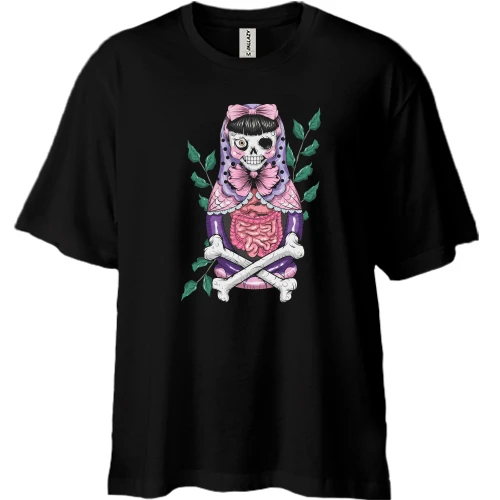 Футболка двонитка Oversize, Чорний, Matryoshka skull