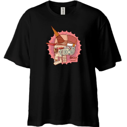 Футболка двонитка Oversize, Чорний, Unicorn skull