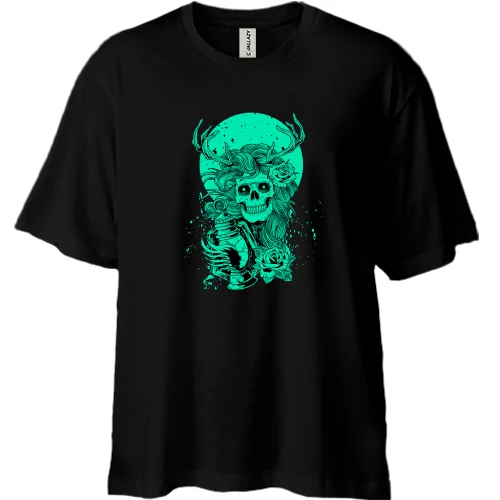 Футболка двунитка Oversize, Черный, Green moon and skull
