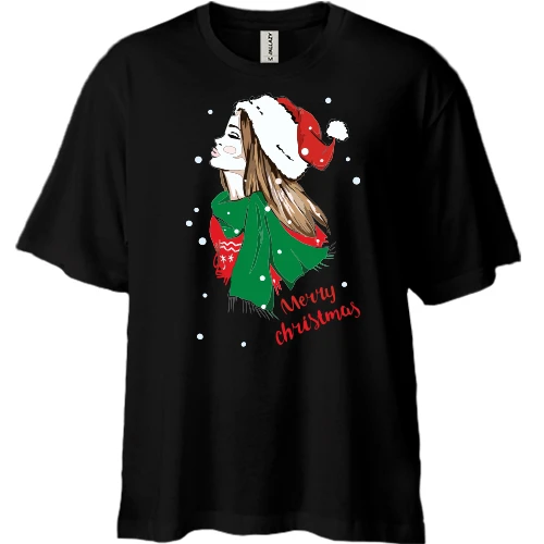 Футболка двунитка Oversize, Черный, с девушкой Merry Christmas