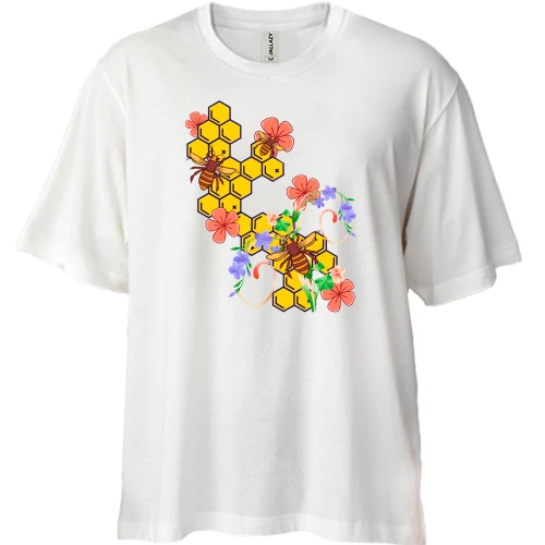 Футболка двунитка Oversize, Белый, Пчелы с цветами