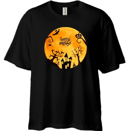Футболка двунитка Oversize, Черный, с ужастиками Happy Halloween
