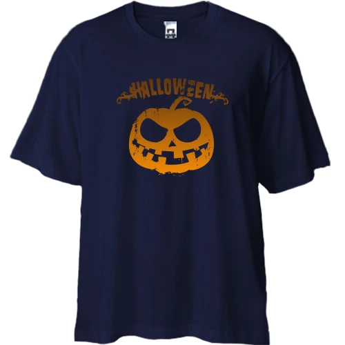 Футболка двунитка Oversize, Синий, с надписью "Halloween" и злой тыквой