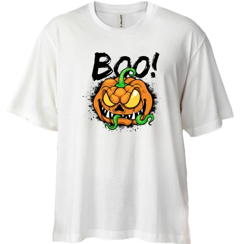 Футболка двунитка Oversize, Белый, с ужасной тыквой "BOO!"