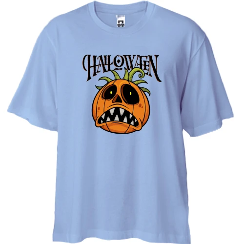 Футболка двунитка Oversize, Синий, с зубастой тыквой "Halloween"