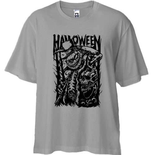 Футболка двунитка Oversize, Серый, с тыквой в шляпе и черепом