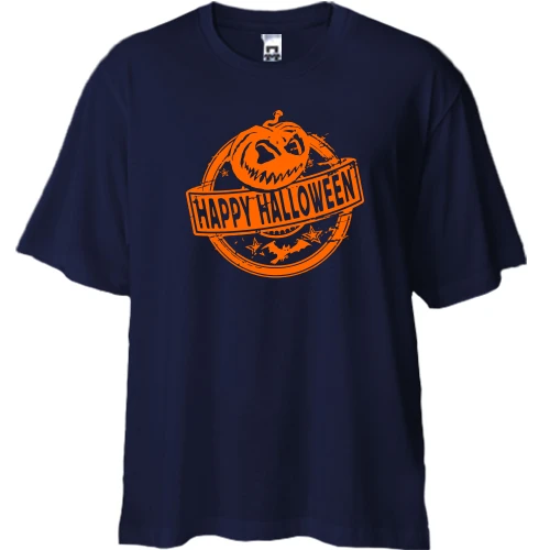 Футболка двунитка Oversize, Синий, "Happy Halloween" с тыквой в круге